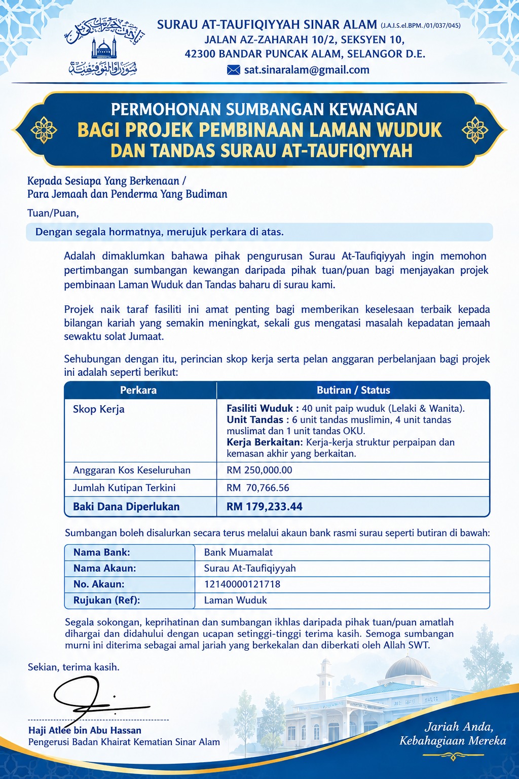 Surat permohonan rasmi berserta ringkasan kos dan jumlah kutipan