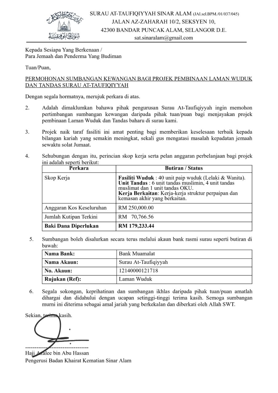 Salinan asal surat permohonan rasmi Surau At-Taufiqiyyah